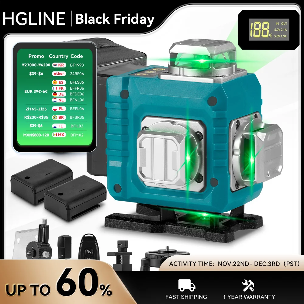 HGLINE 16 Lines Laser Level 4D Green Line 360° Horizontal Vertical 30m APP Remote Control Super Power Laser Level Instrument