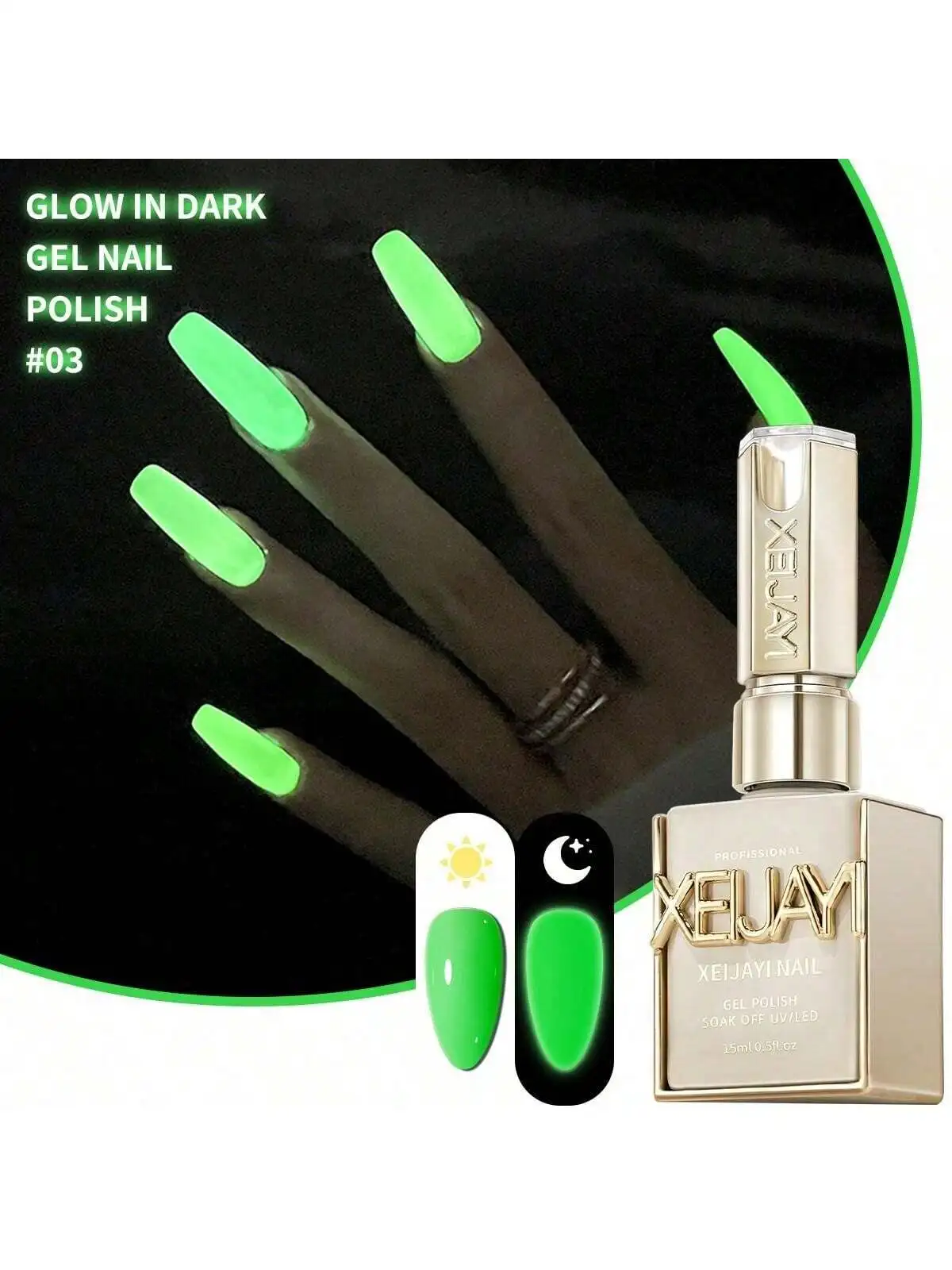 XEIJAYI 1Pc 15ML Smalto per unghie gel verde che si illumina al buio - Top coat luminoso per manicure e salone di casa e fai da te - Lunga durata