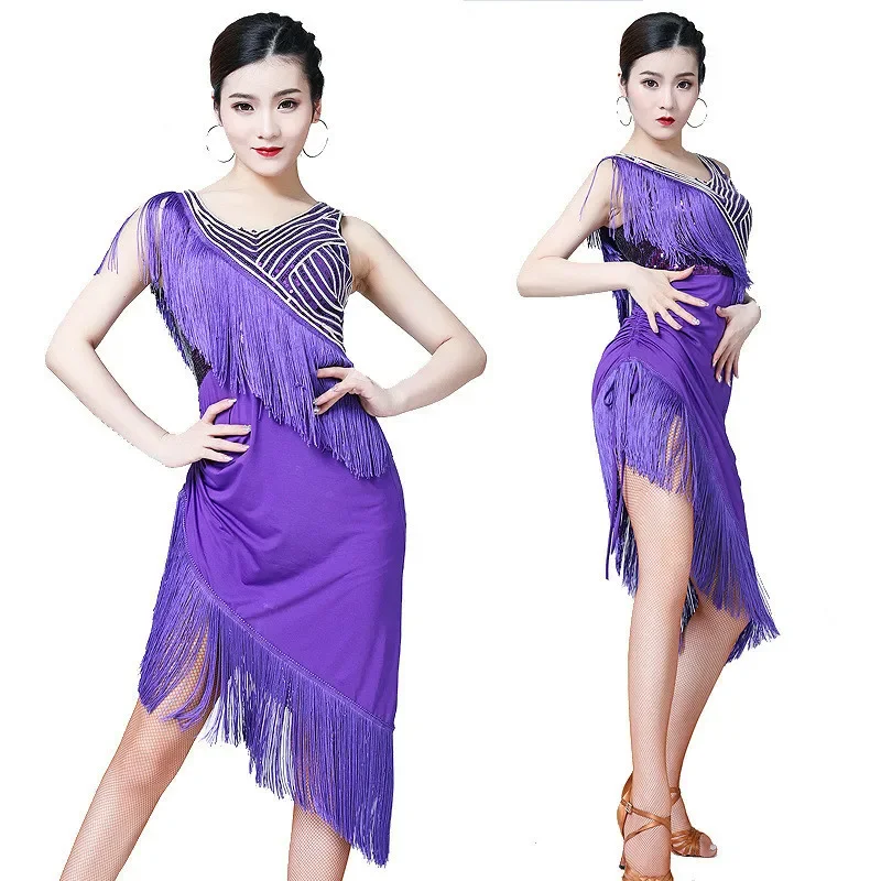 Women Ladies Sleeveless Latin Cha Cha Rumba Dress Sequin Tassels Fringe Ballroom Samba Tango Stage Dance Dress Stage Costume