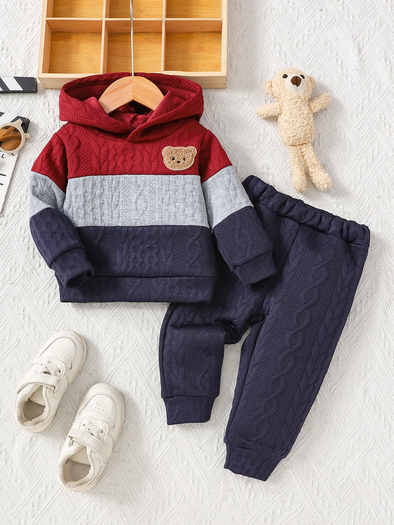 Baby Boy Outfit Multicolor Tangled Knit Bear Pattern Long Sleeve Hoodie & Pants Casual Comfortable 2PCS Set for Winter Wear