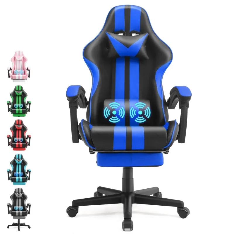 

SOONTRANS Blue Gaming Chair with Footrest, High Back Office Chair with Massage Lumbar Pillow, Game Gamer Chairs for Adults