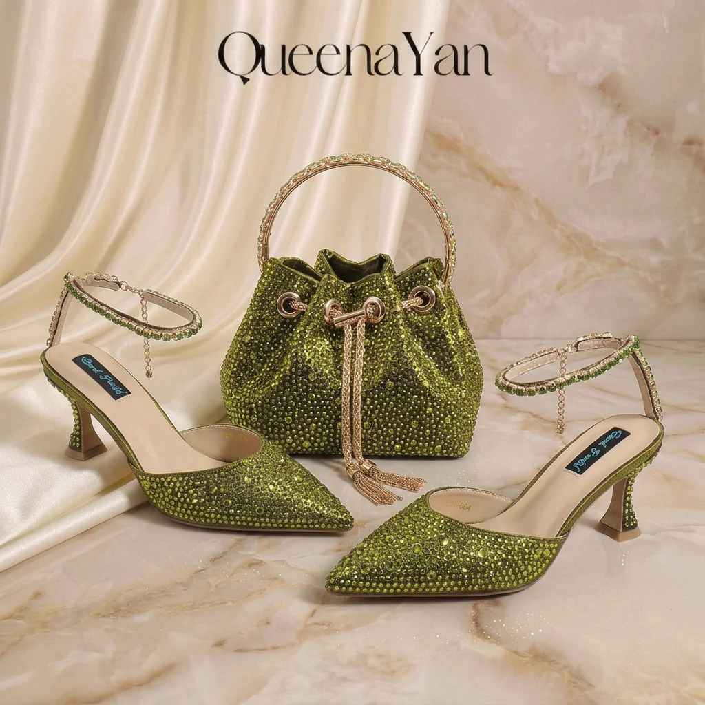 QueenaYan Women Olive Rhinestone Pointed Toe Slingback High Heels Ankle Chain Design Matching Rhinestone Metal Handle Drawstring