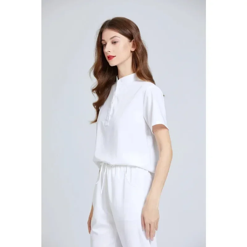 High-quality Summer  Stand Collar Short Sleeve Scrub Set Uniform Women  and Salon  Clothes Dental Workingwear Comfortable