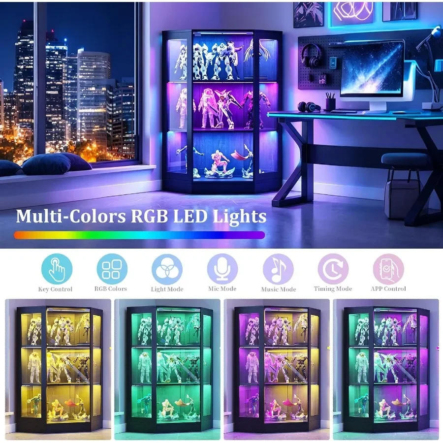 Corner display cabinet with glass doors for living room, engineered wood in black with RGB lights and 3-tier wood shelves, idea view 5