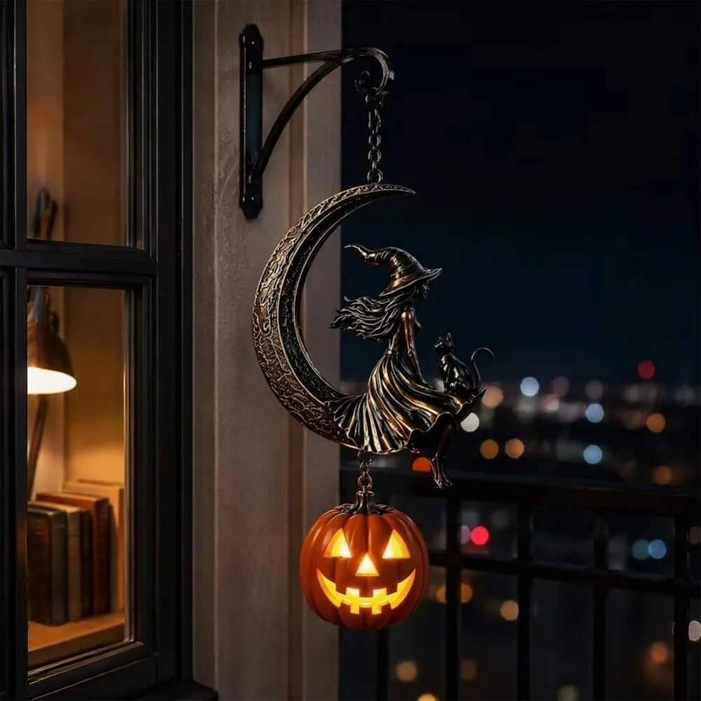Solar Powered Moon Witch Lantern Vintage Durable Metal Solar Halloween Moon Lamp LED Wall Mount Outdoor Solar Lantern Yard