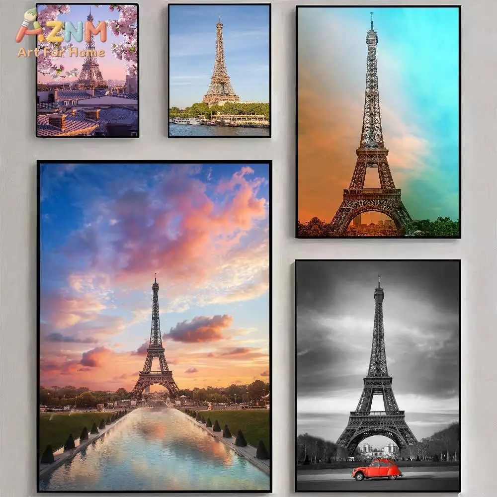 AZNM Paris Eiffel Tower Scenery Canvas Wall Art Print, Romantic Cityscape Sunset Cherry Blossom Black White Poster for Home Deco