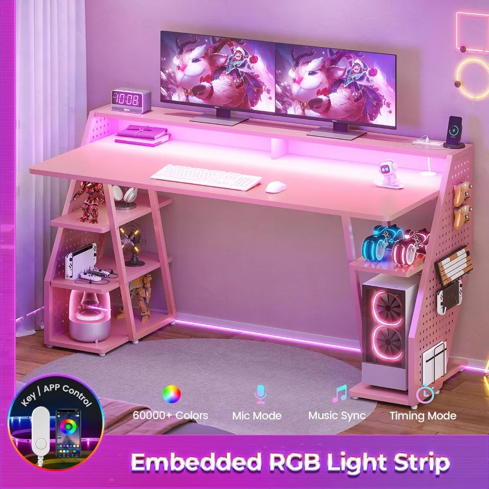 Gaming Desk 55'' with LED Lights and Storage Shelves, Computer Desk with Monitor Stand, Power Outlets and Pegboard, Large PC Ga