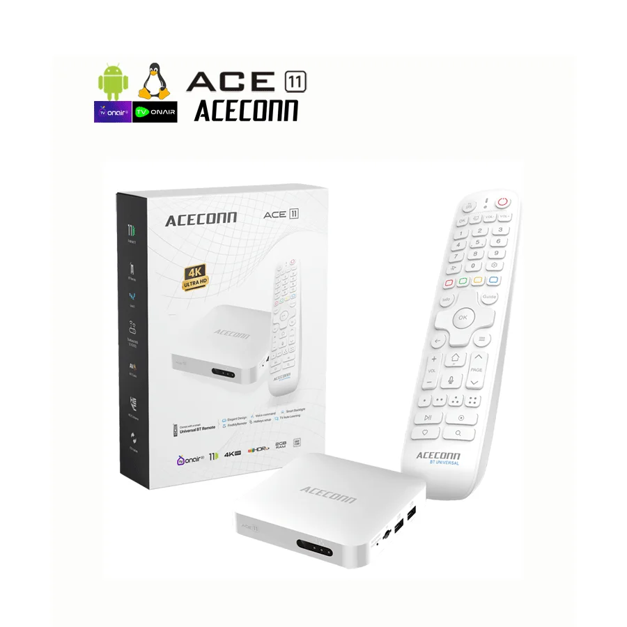ACECONN ACE11 Iptv تسجيل صندوق التلفزيون عبر الإنترنت صندوق البث 2G 32GB Dualband WiFi LAN Port BT مفاتيح التعلم التلقائي الإضاءة الخلفية عن بعد