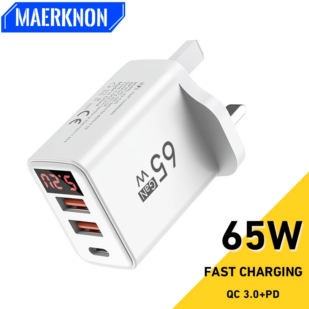 65W USB Type C Charger 3 Port Quick Charge Wall Adapter Lightweight Heat Resistant Safe Durable Universal EU US Plug Fast Charge