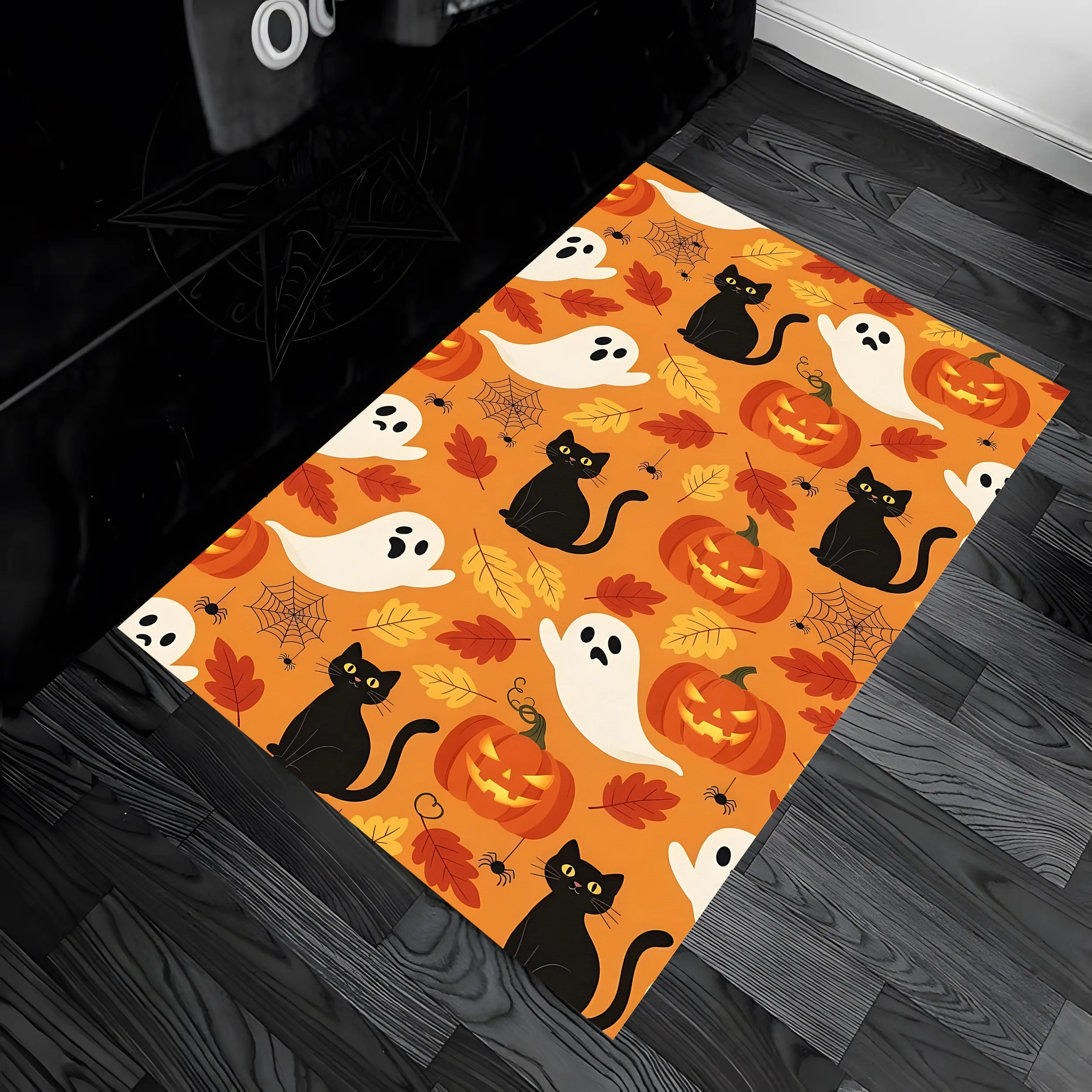 Velvet Witch Pumpkin Bat Quirky Halloween 2D Rug for Living Room, Bedroom and Party, Warm Cozy