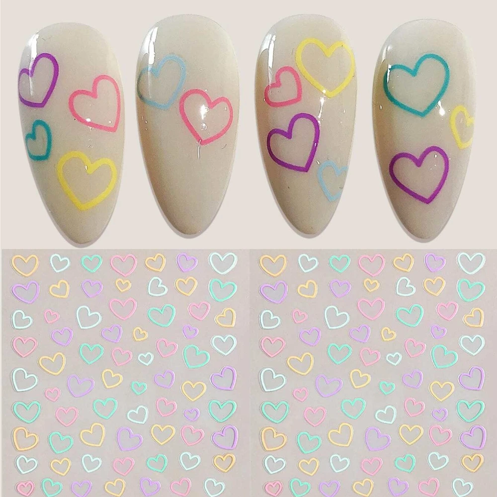 

Pastel Heart Outline Nail Decals, Bright Hollow Love Stickers, Self-Adhesive Cute Heart Nail Art for Dates, Weddings & Parties