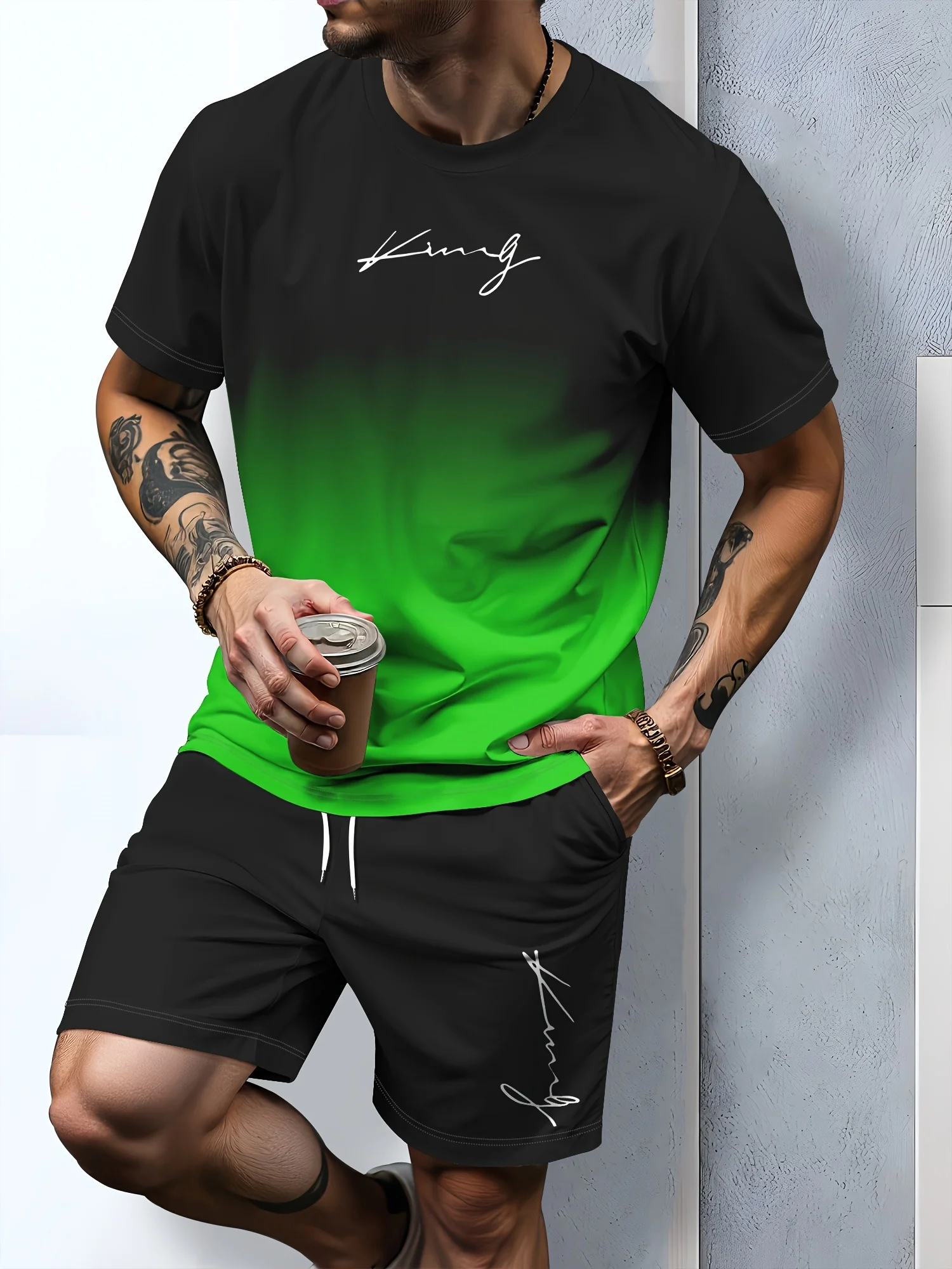 Round Neck Casual and Comfortable T-shirt Round Neck T-shirt and Shorts Polyester Men's Casual Sports Suit 3D Printed T-shirt