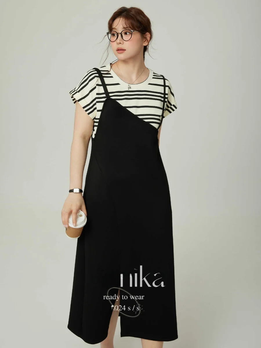 

Monika plus Size Casual Stripe Patchwork Dress Summer Slimming Long Skirt Korean Style High Waist A-Line Dress Commute Wind