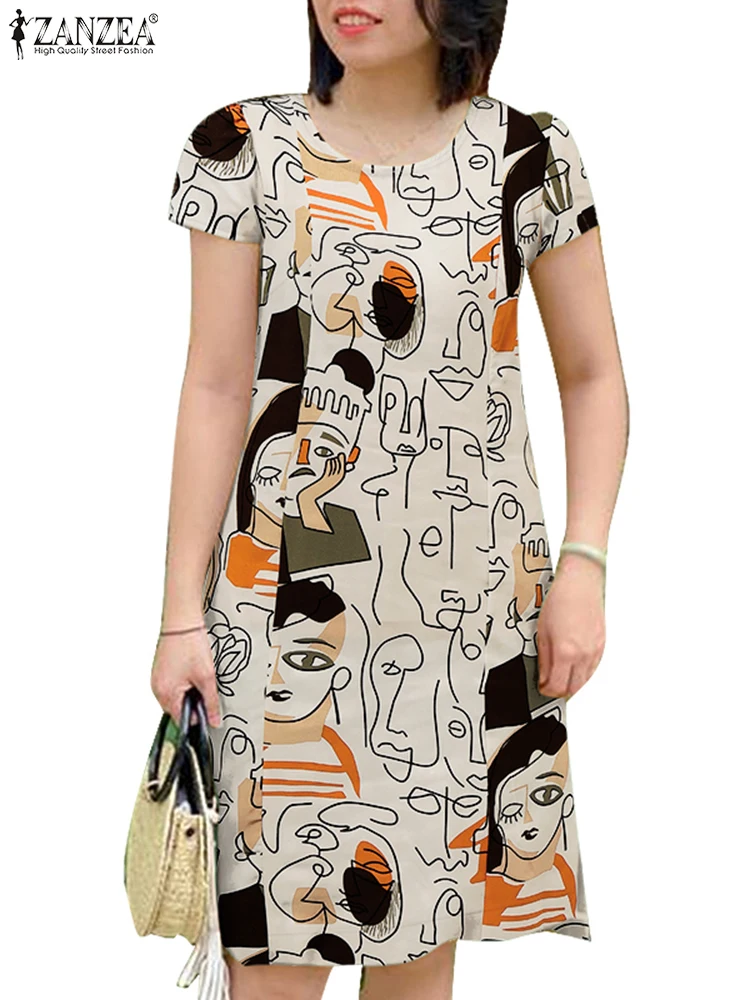 2025 여성 여름 Sundress ZANZEA 빈티지 꽃 프린트 드레스 Bohemain 무릎 길이 휴가 드레스 캐주얼 반소매 Vestidos