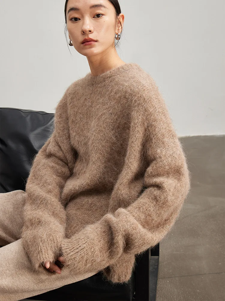 SuyaDream Warm Alpaca Pullovers for Woman, Dropped Sleeved Loose Sweaters, 2024 Fall Winter Top, Camel, Beige