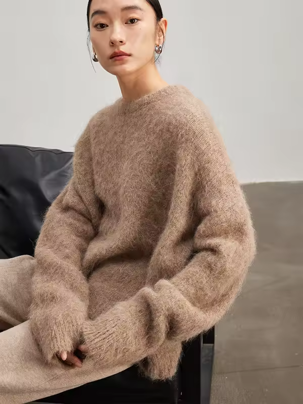 SuyaDream Warm Alpaca Pullovers for Woman, Dropped Sleeved Loose Sweaters, 2025 Fall Winter Top, Camel, Beige - Image 2