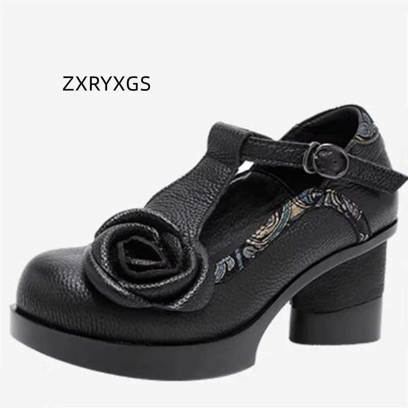 ZXRYXGS High-end Women High Heeled Shoes 2024 Head Layer Cowhide Flowers Shoes Fashionable Wedding Banquet Leather Pumps Shoes