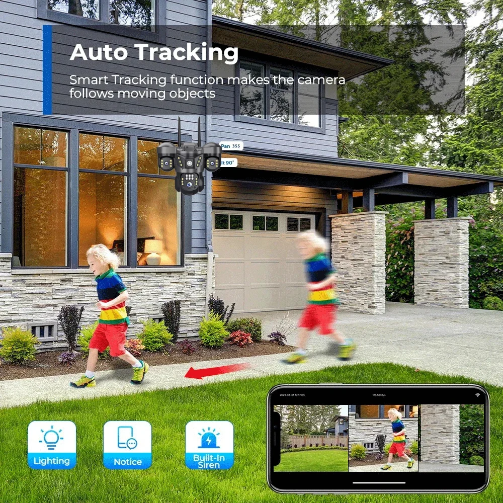 15MP 8K WIFI IP-камера с тремя объективами PTZ-камера Уличная водонепроницаемая камера с автоматическим отслеживанием Умный дом Беспроводные камеры видеонаблюдения V380 Pro