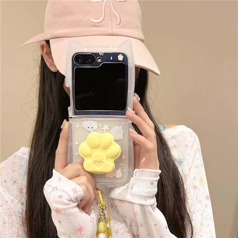 Kawaii Sanrios Hello Kitty My Melody 3D Cat Ear with Lanyard Phone Case for Samsung Galaxy Z Flip 3 4 5 6 5G PC Hard Back Cover image 2