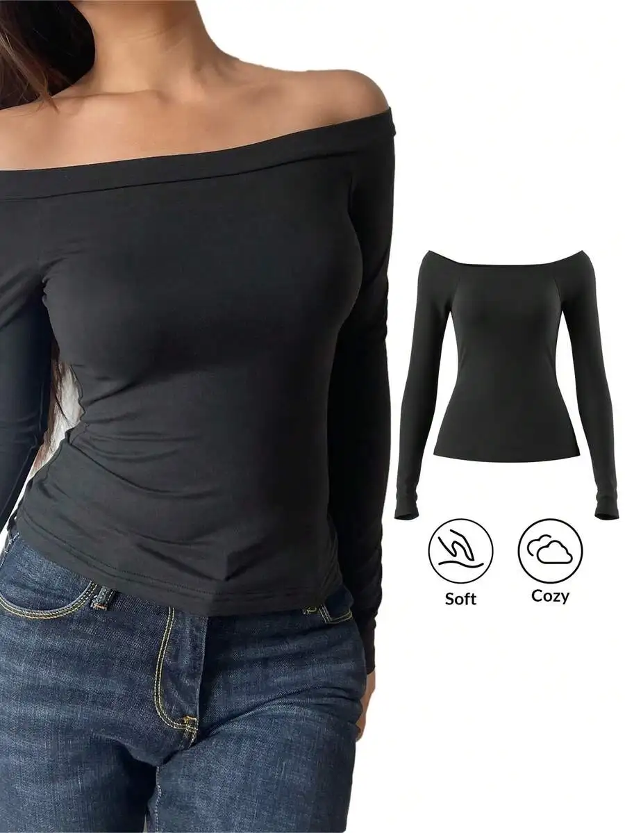 

Women's Off Shoulder Long Sleeve Fitted Top - Soft & Cozy Casual Blouse for Everyday Wear