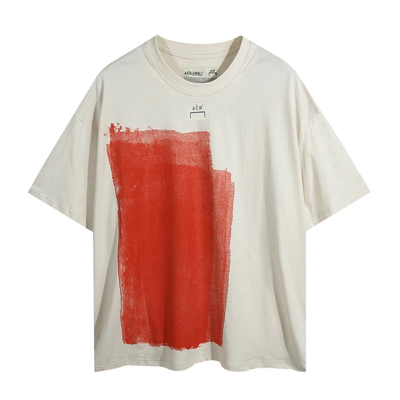 ACOLDWALL ACW Industrial Style Short Sleeve T-Shirt Men Graffiti Block Painting Sweatshirt Loose Fit round Neck Summer Fashion