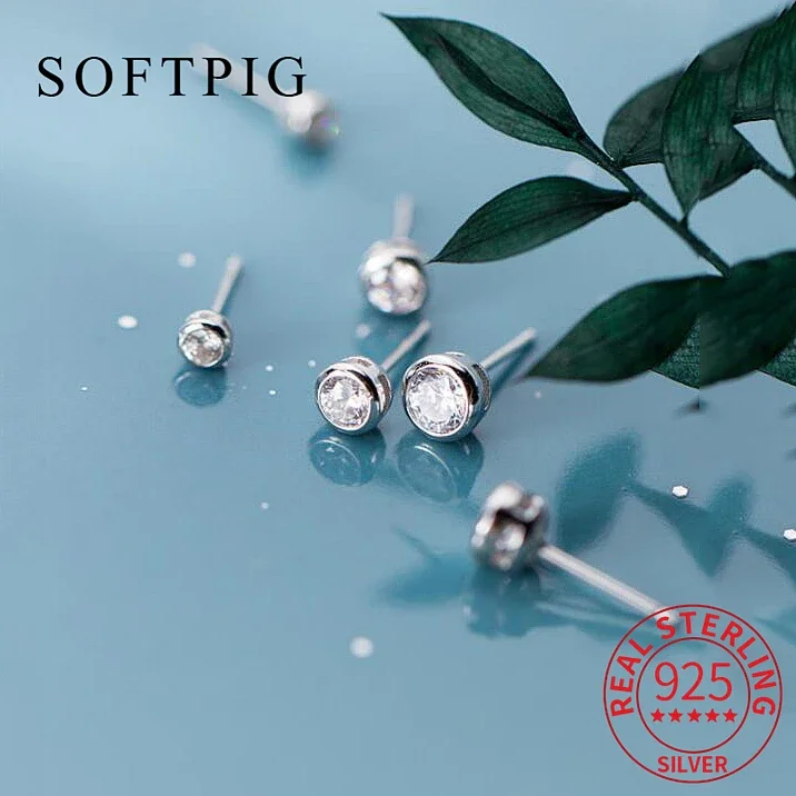 

SOFTPIG Real 925 Sterling Silver Zircon Round Stud Earrings Fashion Women Fine Jewelry Party Minimalist Cute Accessories Gift