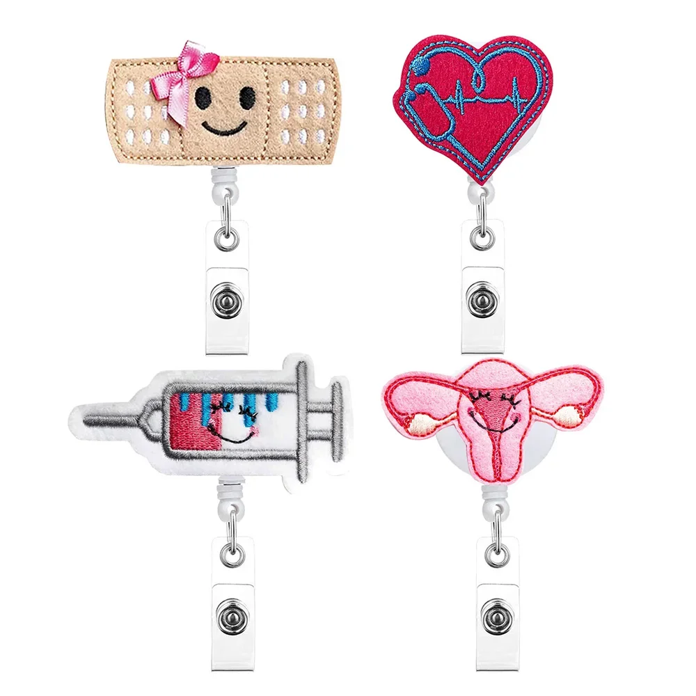 2pcs Creative Hospital Themed Felt Badge Holder Reel Nurse/Doctor Name Card Clips Retractable Rope Buckle Cute Heart/Band-adis