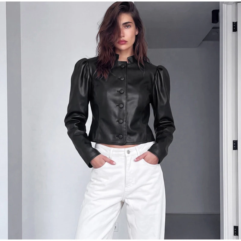 Cropped PU Leather Women's Jackets Coats Puff Sleeve Single Breasted Coat Button Slim Fit Short Jacket Vintage Lady Outerwear