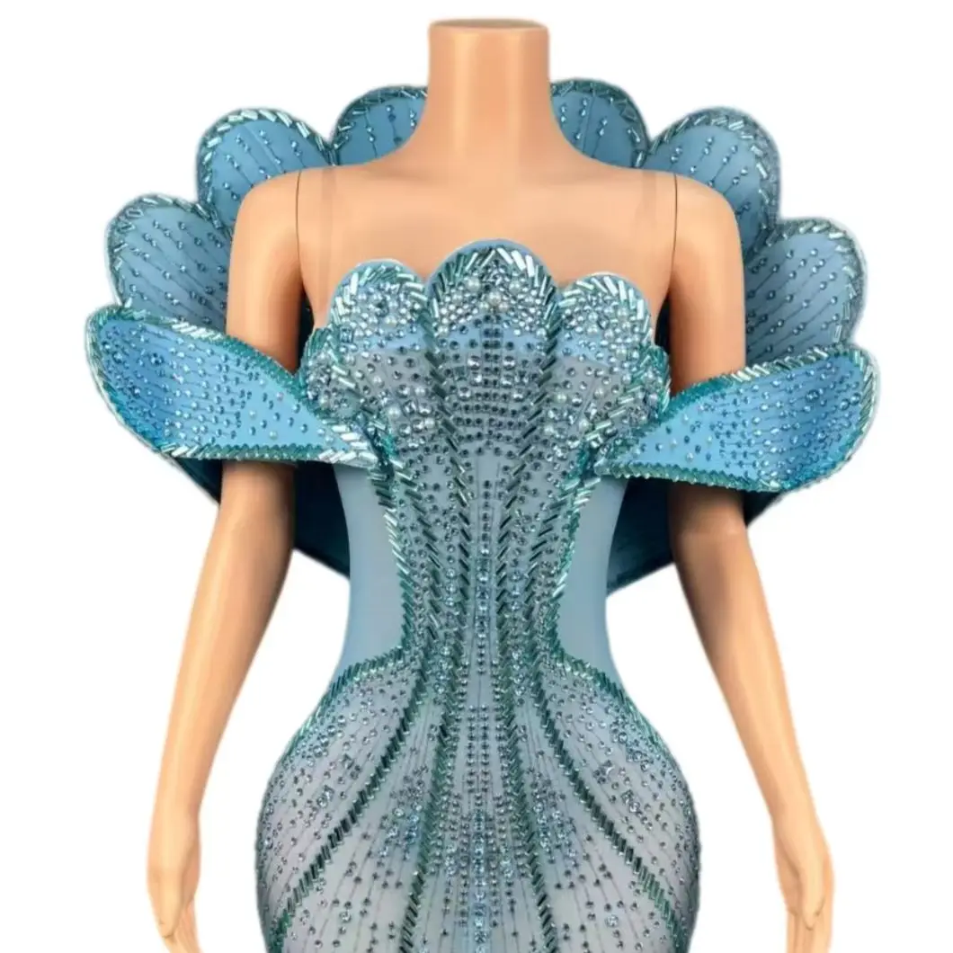 

Prom Queen Style Luxury Gold Rhinestone Crystal Mermaid Evening Gown Off Shoulder Formal Ball Gala Women See Through Mesh Dress