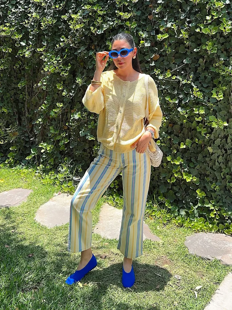 Women Vertical Stripe Floor Length Pants High Waist Colorful Pockets Loose Wide Leg Bottoms Summer Beach Casual Holiday Trousers