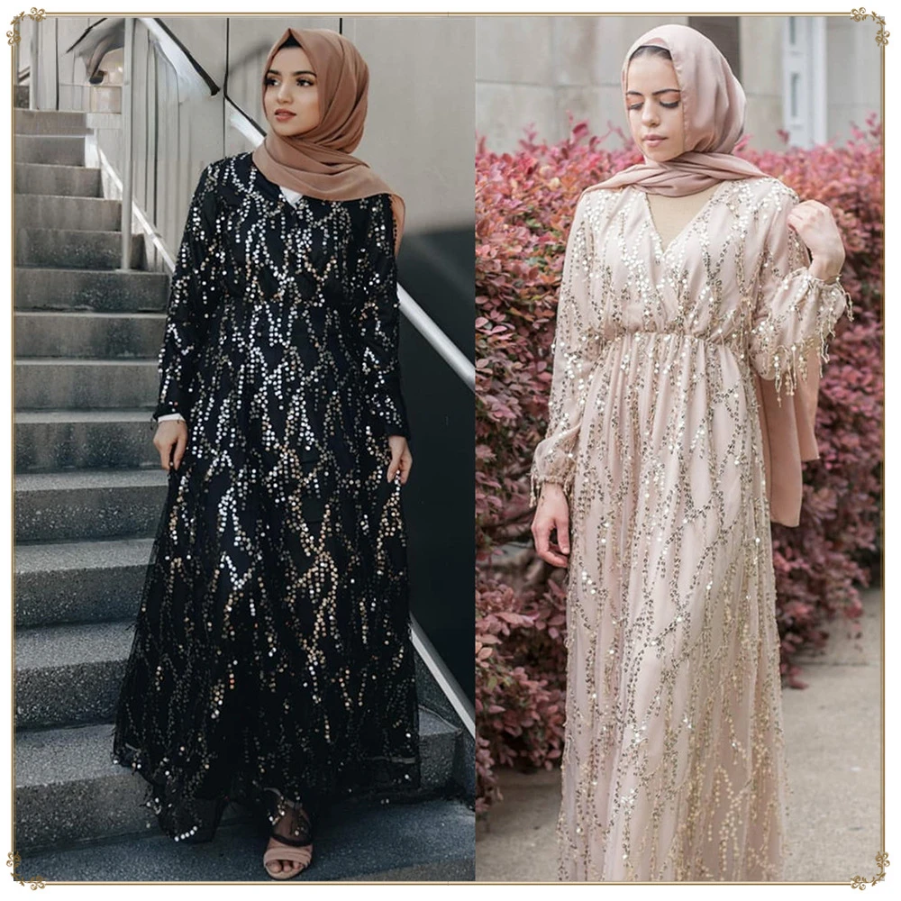 Fashion Muslim Kimono Abaya Cardigan Ramadan Double Layered Sequin Tassels Dress for Women Dubai Turkey Eid Dress Islamic