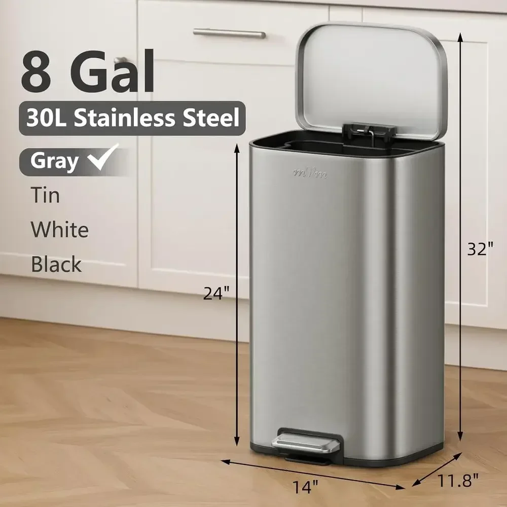 Dual-Bin Trash Can Set, 8+5.3 Gallon Step-On Wastebasket with Lid, Smooth Edge Design for Home Office (Gray)