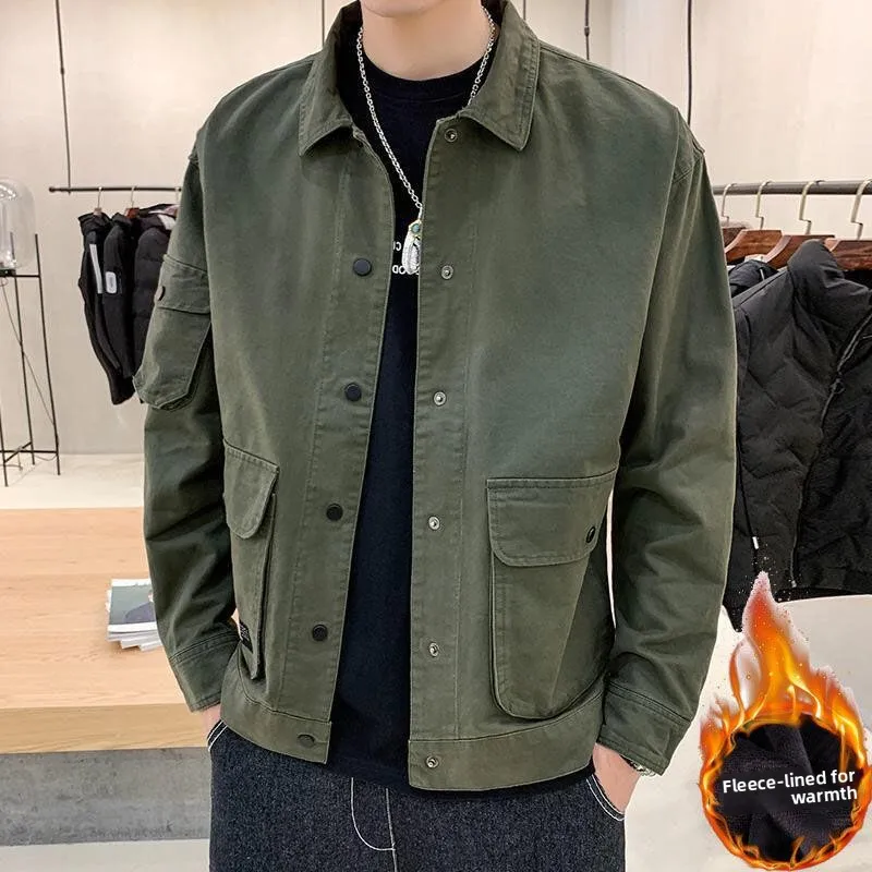 

Мужская повседневная куртка на флисовой подкладке для весны, осени и зимы, модная рабочая одежда, свободный крой, с множеством карманов, дышащая, с длинными рукавами, джинсовая.