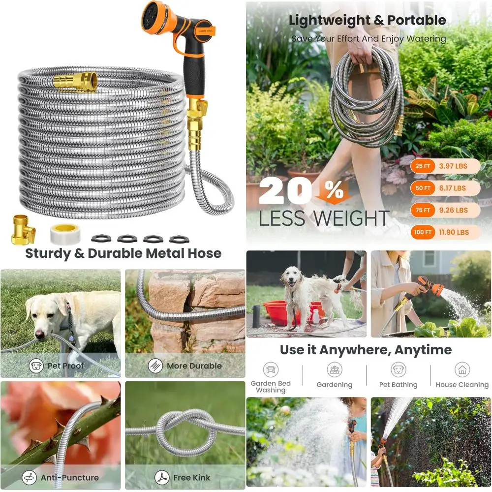 

Садовый шланг из нержавеющей стали 100 футов 5/8 с 9-узором распылительной насадкой, без изгиба, прочный металлический водяной шланг для наружного использования