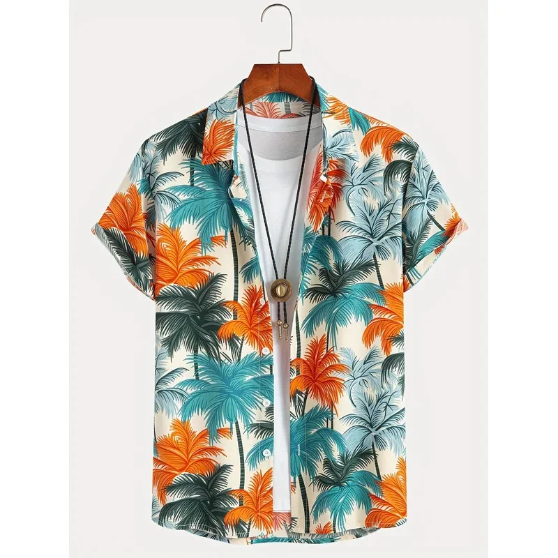 Tropical Coconut Tree Pattern Men'S Short Sleeve Button Down Lapel Shirt For Summer Resort Holiday Hawaiian Style Oversized Tops