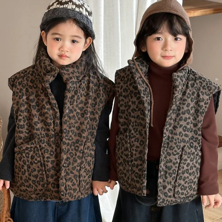 

Waistcoat 2025 Autumn Winter New Children's Clothing Korean Style Boys and Girls Thick Leopard Print Cotton Loose Vest