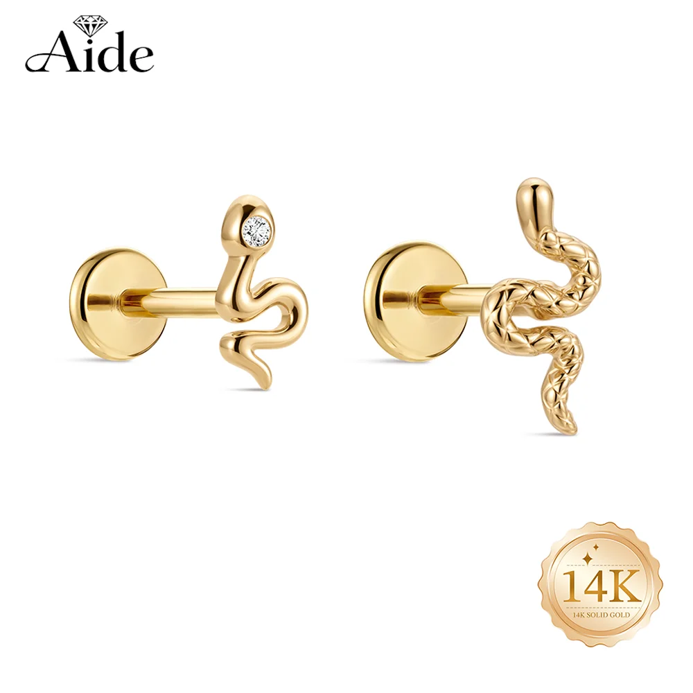AIDE 14K Solid Gold Smooth Snake Piercing Earrings For Women INS Classic Animal Style Exquisite Beauty Curved Birthday Gifts