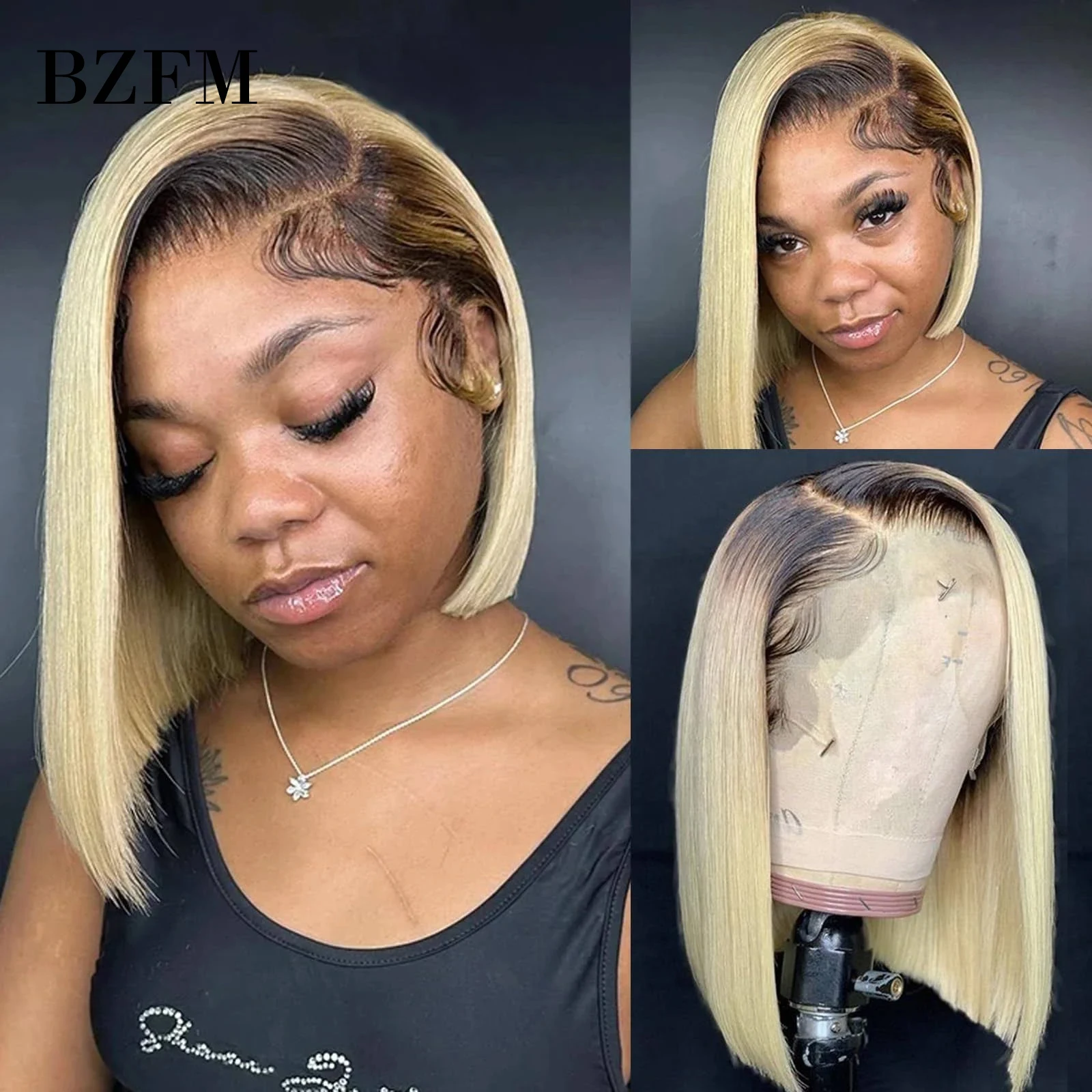 4/613 Blonde Brazilian Human Hair 13x4 Lace Frontal Wigs for Black Women 180% Density Ombre Brown Roots Short Straight Bob Wig