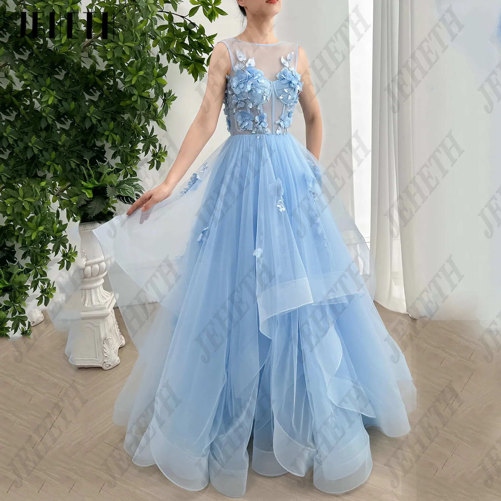 JEHETH 3D Flowers Prom Dresses Tiered Tulle Sky Blue Party Gowns For Woman Backless A-Line vestidos de ocasião Scoop Neck