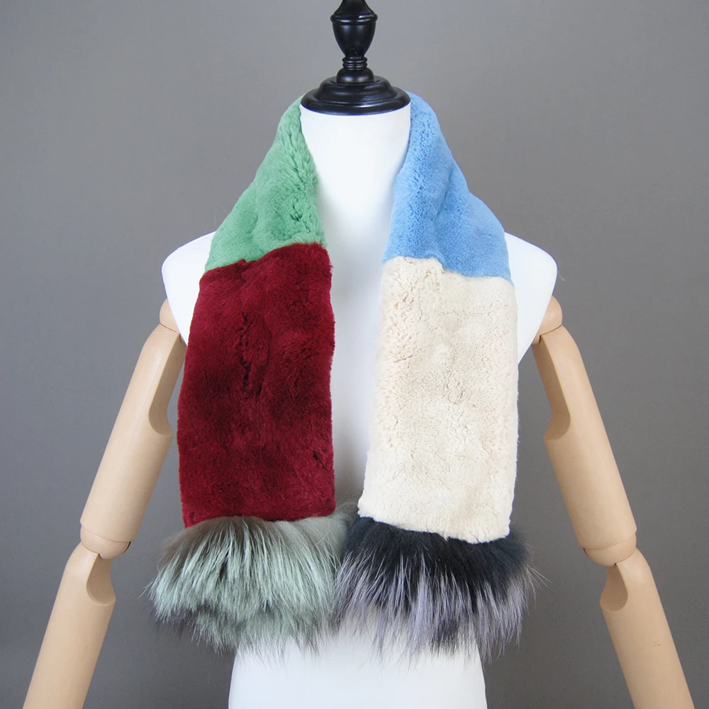 2024 Winter Women Genuine Knitted Fox Fur Scarf Real Rex Rabbit Fur Collar Warm Neck Natural colorful Rex Rabbit Fur Scarves