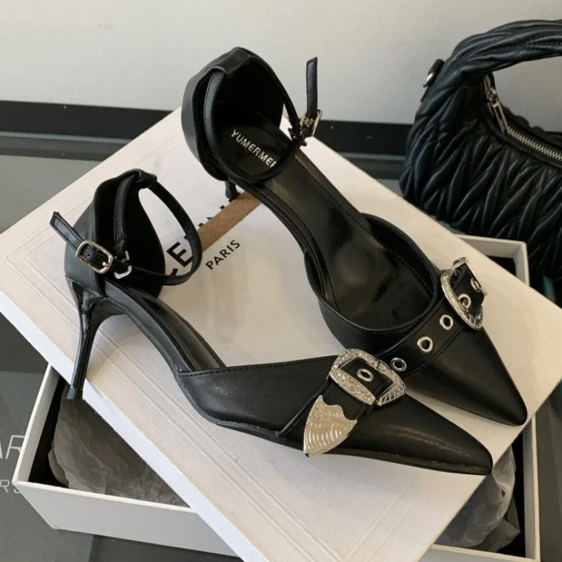 

Туфли-лодочки с острым носком, женские сандалии в стиле панк, элегантные вечерние модельные туфли с ремешком на щиколотке, сексуальные дизайнерские женские туфли на высоком каблуке с пряжкой на ремне