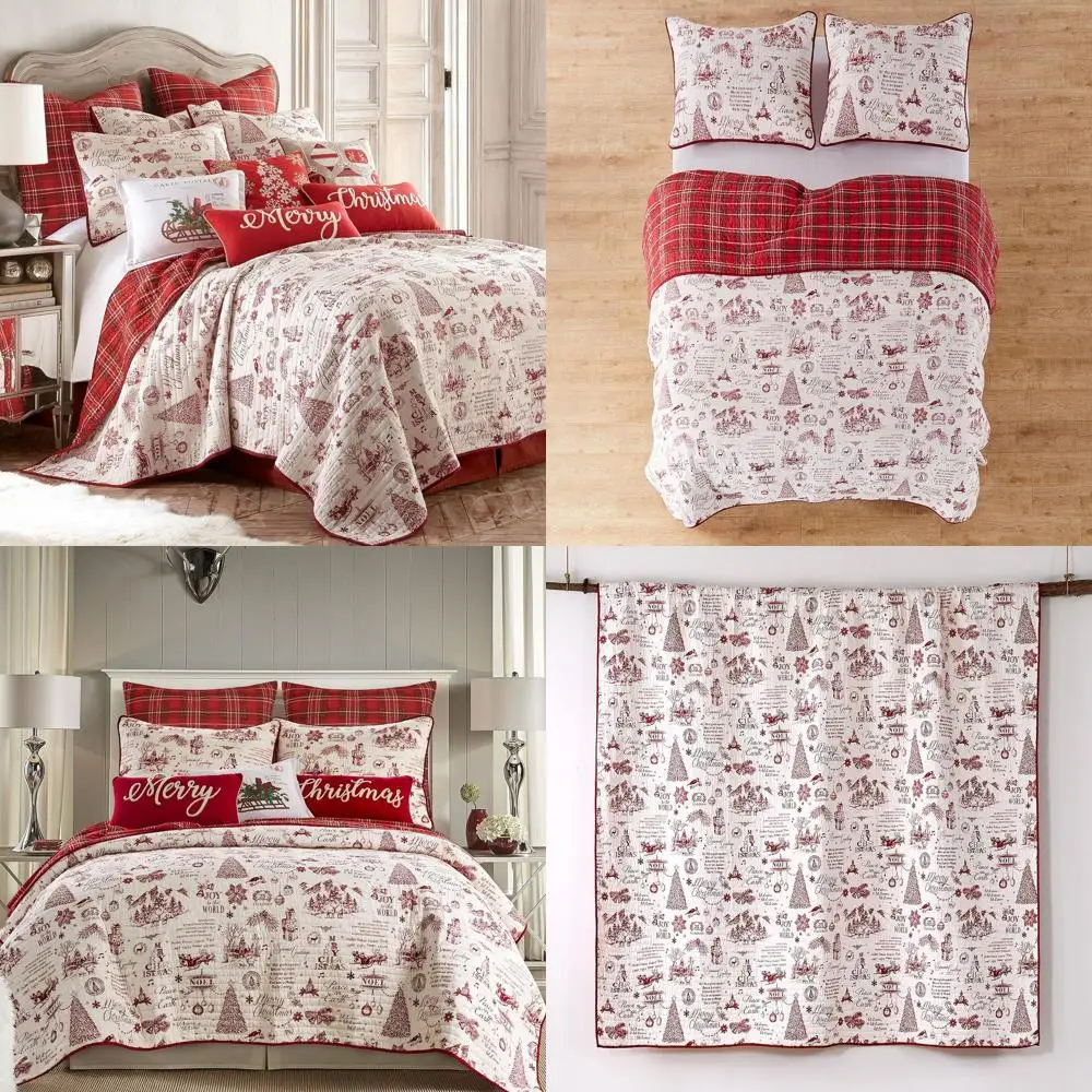 Set Selimut Katun Motif Natal Merah & Krem - Ukuran Full/Queen 88x92 inci + 2 Sarung Bantal 26x20 inci - Dapat Dibalik
