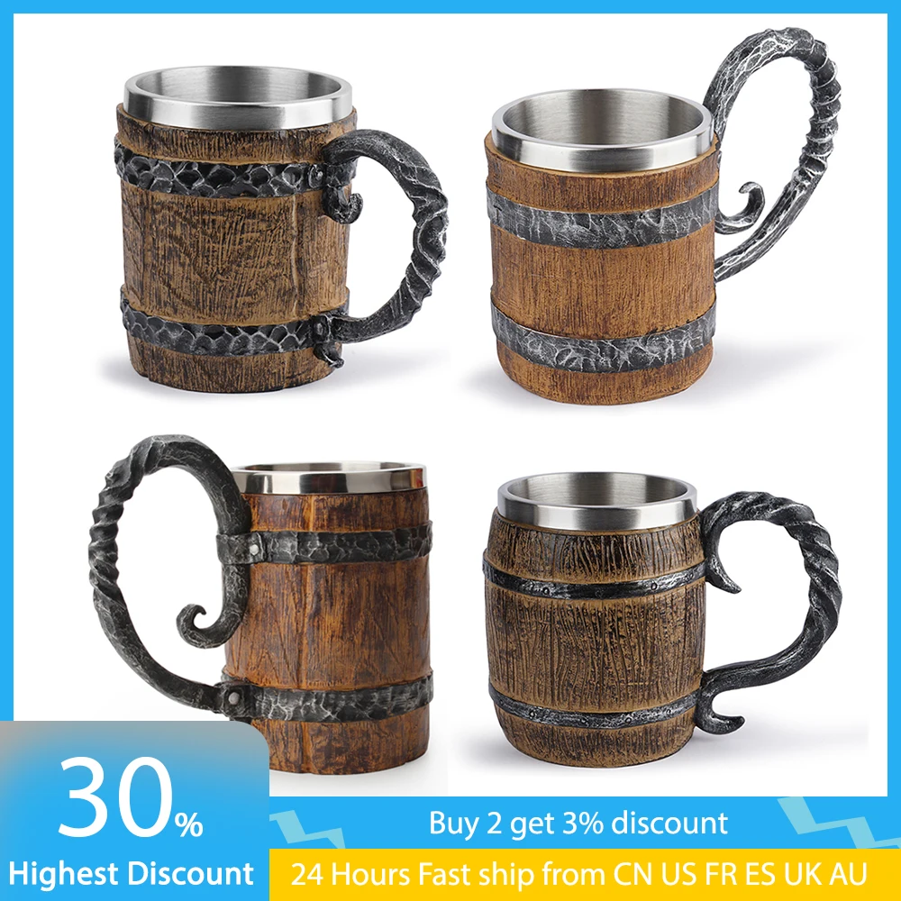 500ml Wood Style Beer Cup Simulation Wooden Mug Double Wall Drinking Mug Metal Insulated Bar Drinking Cup Big Tumbler Barrel