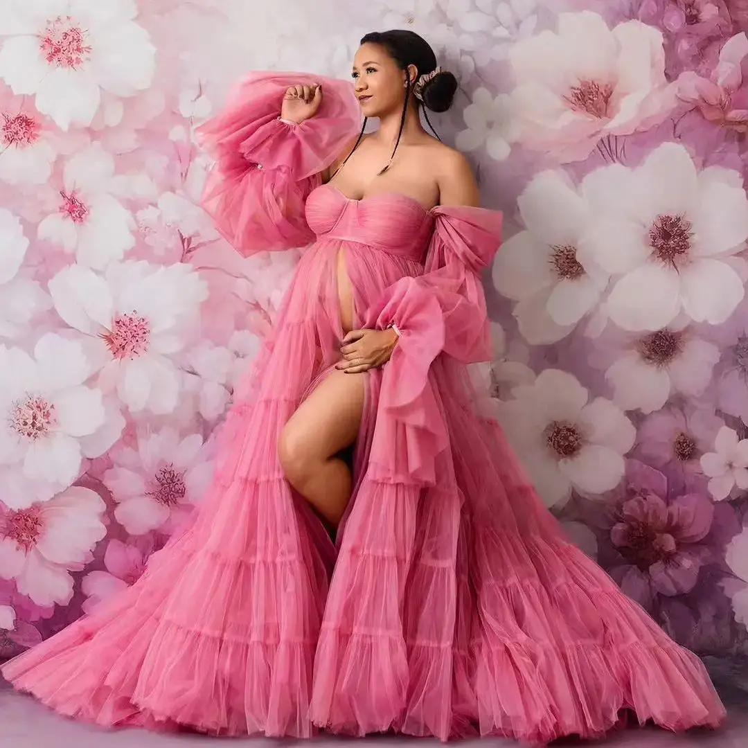 

Romantic Pink Maternity Robes Off Shoulder Long Sleeves Pregnancy Photography Dresses Front Split Customized Baby Shower Gowns