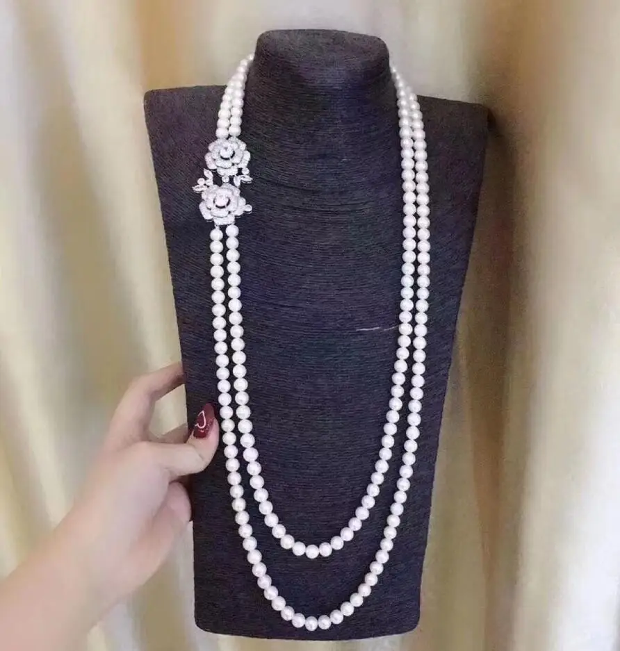 

stunning double strands 8-9mm south sea white round pear necklace 18-20''