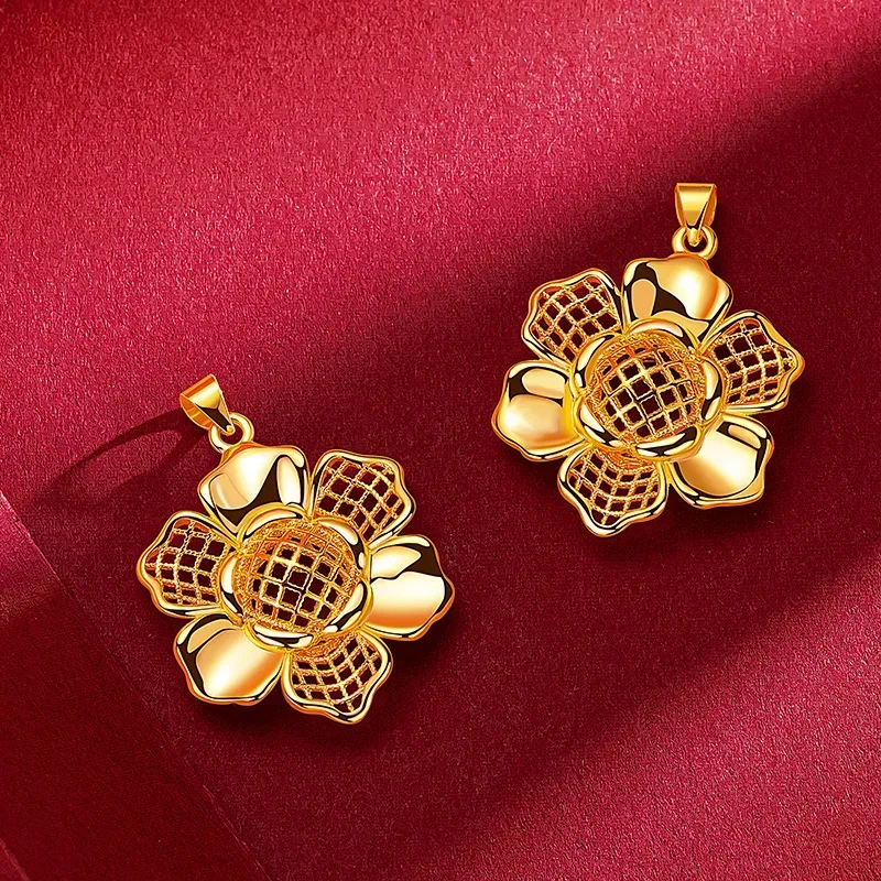 9999 Real Gold 24K Ethnic Style Big Flower Necklace 24k Gold Temperament Flower Pendant for Mother Gift