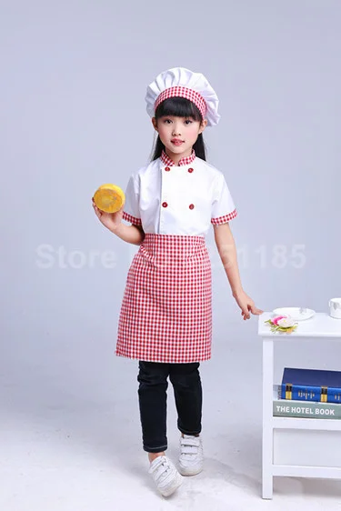 Kids Cook Tshirt Chef Uniform Children Kitchen Hat Cap Work Jackets Restaurant Halloween Performance Stage Party Cosplay Costume