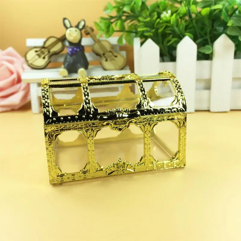 Mini caja de almacenamiento de joyas transparente, organizador de dulces, Pirata, Vintage, recuerdo de baratija, Cofre del Tesoro, dorado/plateado