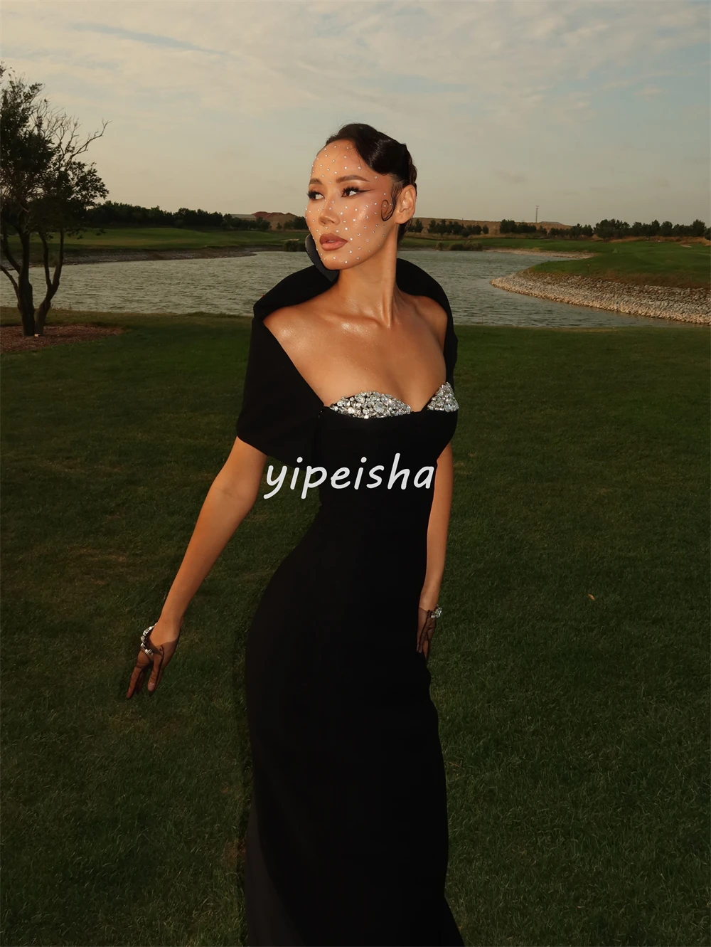 Customized Fashion Women Jersey Rhinestone Pleat Straight Evening Dresses Classic Off-the-shoulder Sleeveless Floor Lenght Dress