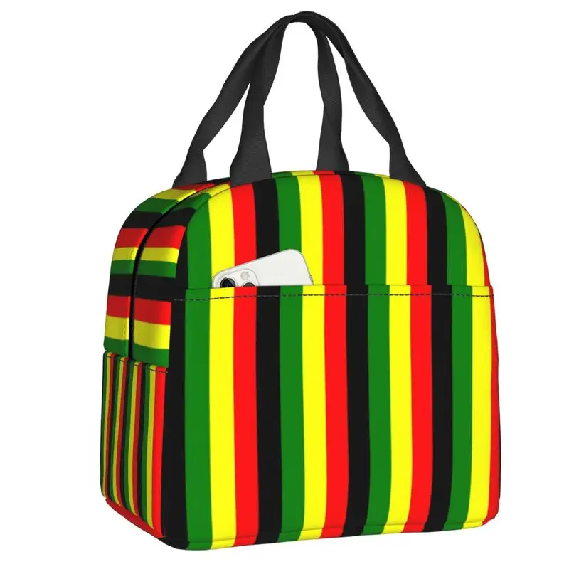 

Custom Rasta Colors Red Green Gold Bright Colored Striped Lunch Bag Jamaican Cooler Warm Insulated Lunch Box for Student School